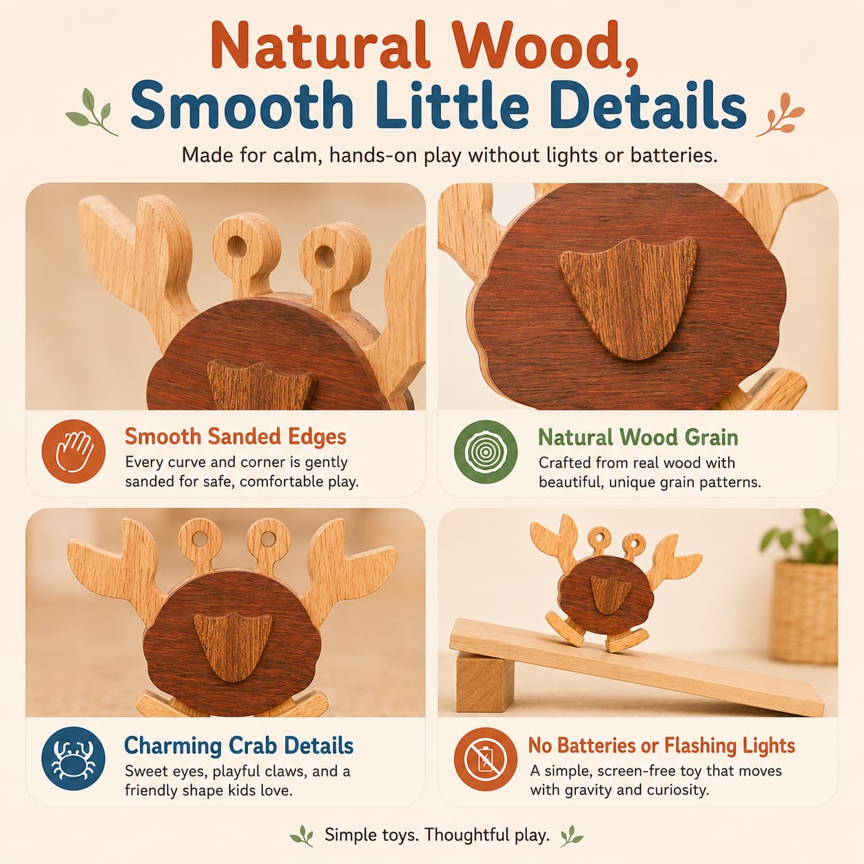 Close-up features of a wooden crab ramp walker toy highlighting the smooth sanded edges, natural wood grain patterns, and battery-free gravity design.