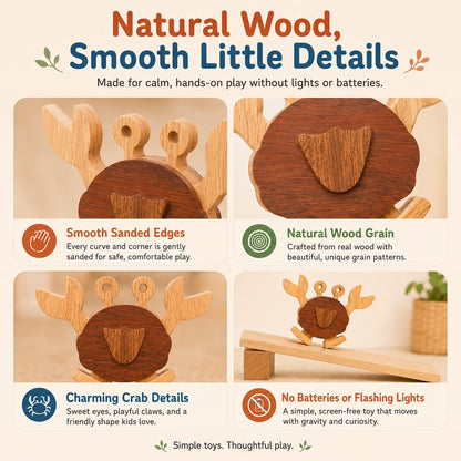 Close-up features of a wooden crab ramp walker toy highlighting the smooth sanded edges, natural wood grain patterns, and battery-free gravity design.