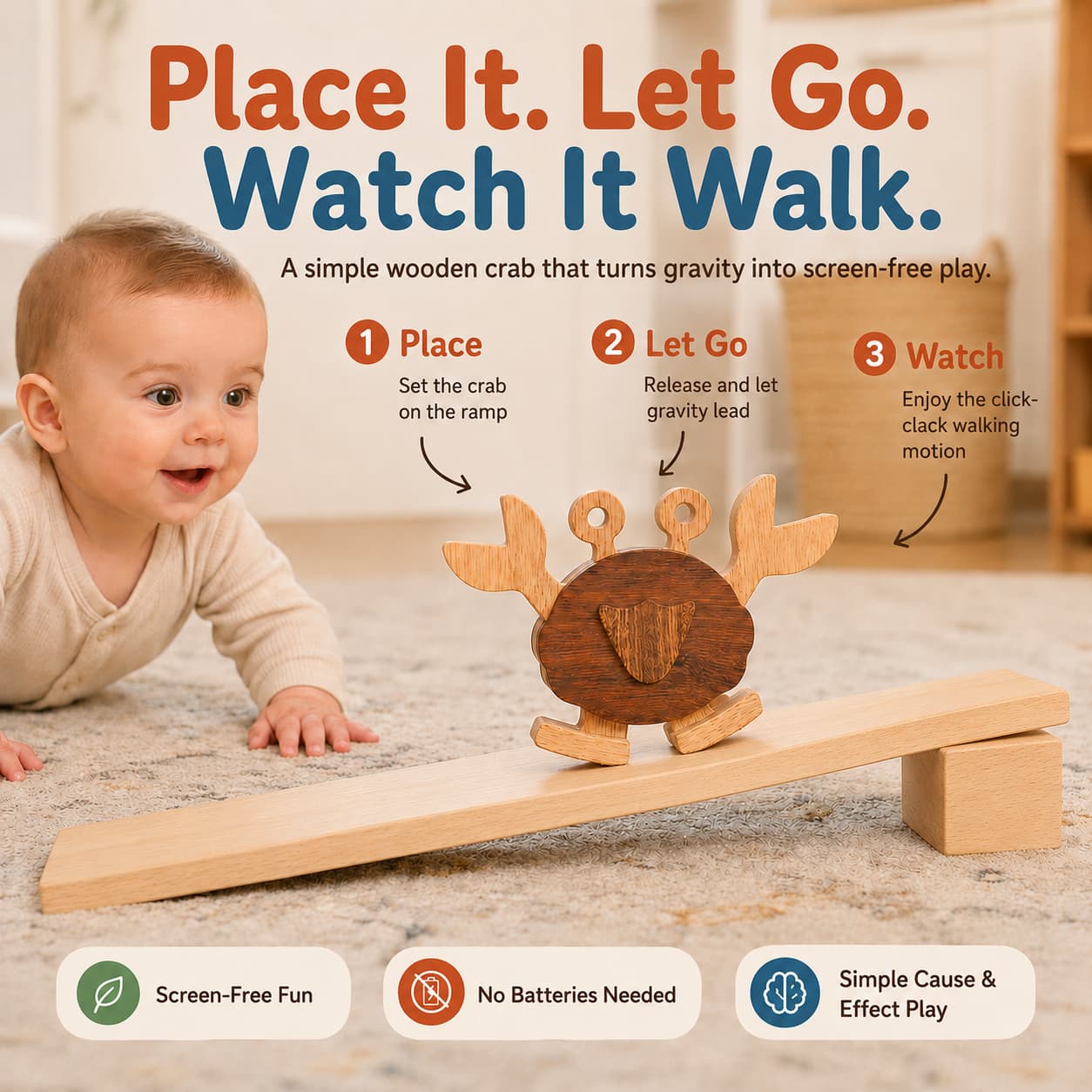 A baby watching a wooden crab ramp walker toy move down a wooden slope, demonstrating screen-free and battery-free gravity powered play