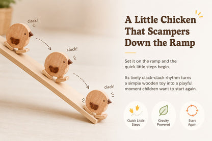 A mechanical gravity powered walking chicken toy scampering down a wooden ramp, demonstrating the rhythmic clack-clack movement and passive physics design.