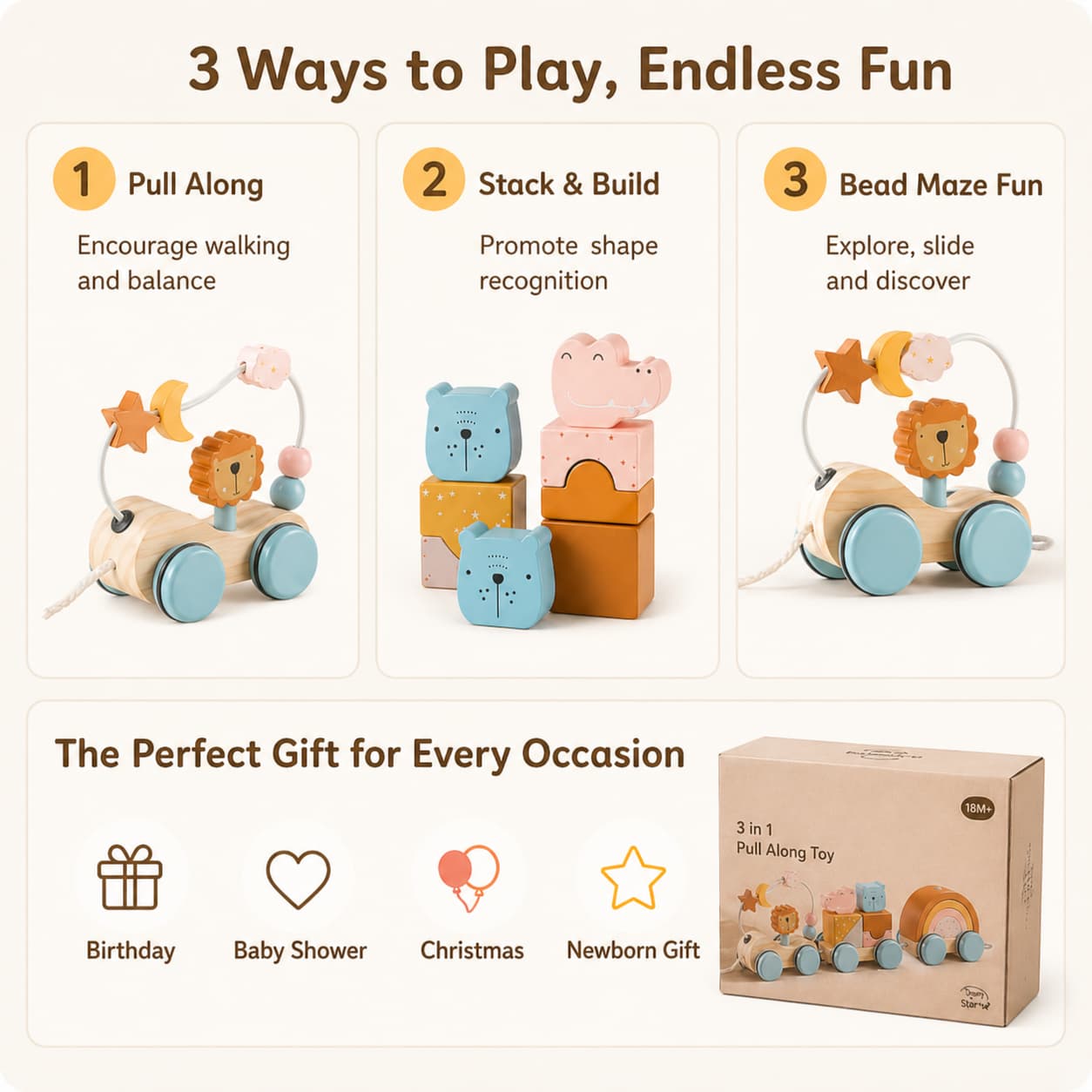 An educational infographic for a 3-in-1 wooden pull-along toy showing three ways to play: pull along for walking balance, stack and build for shape recognition, and a bead maze for sensory discovery; labeled as a perfect gift for birthdays or baby showers.