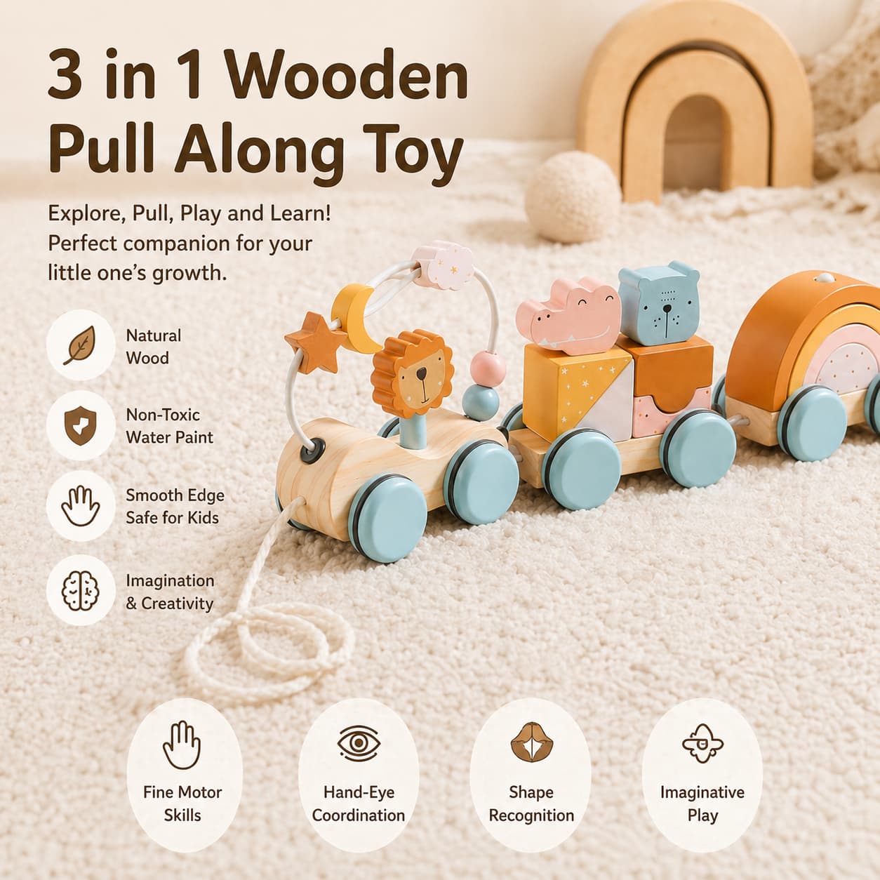An infographic of a 3-in-1 Montessori wooden pull-along train toy featuring animal shape sorters and a rainbow stacker, designed to develop fine motor skills, hand-eye coordination, and shape recognition in toddlers.