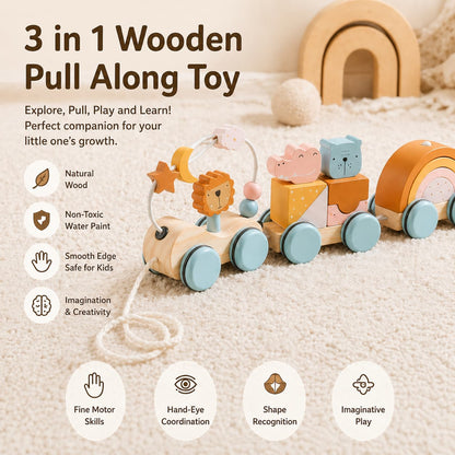 An infographic of a 3-in-1 Montessori wooden pull-along train toy featuring animal shape sorters and a rainbow stacker, designed to develop fine motor skills, hand-eye coordination, and shape recognition in toddlers.