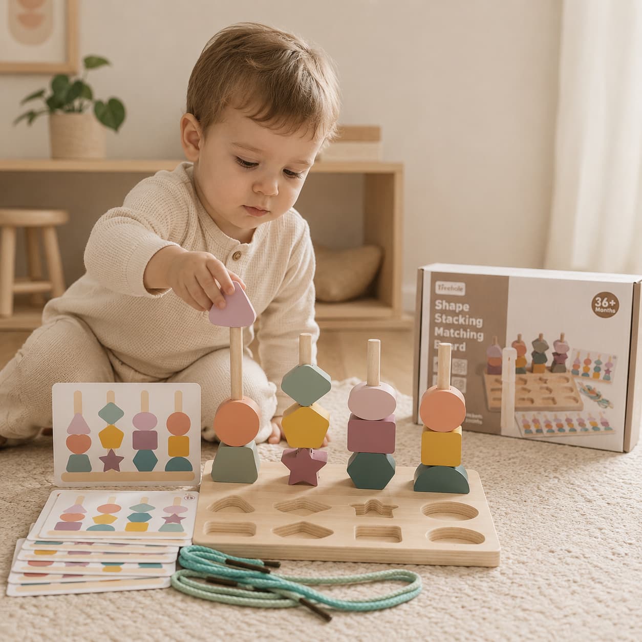 Child playing with a wooden shape sorting toy in a cozy indoor setting.