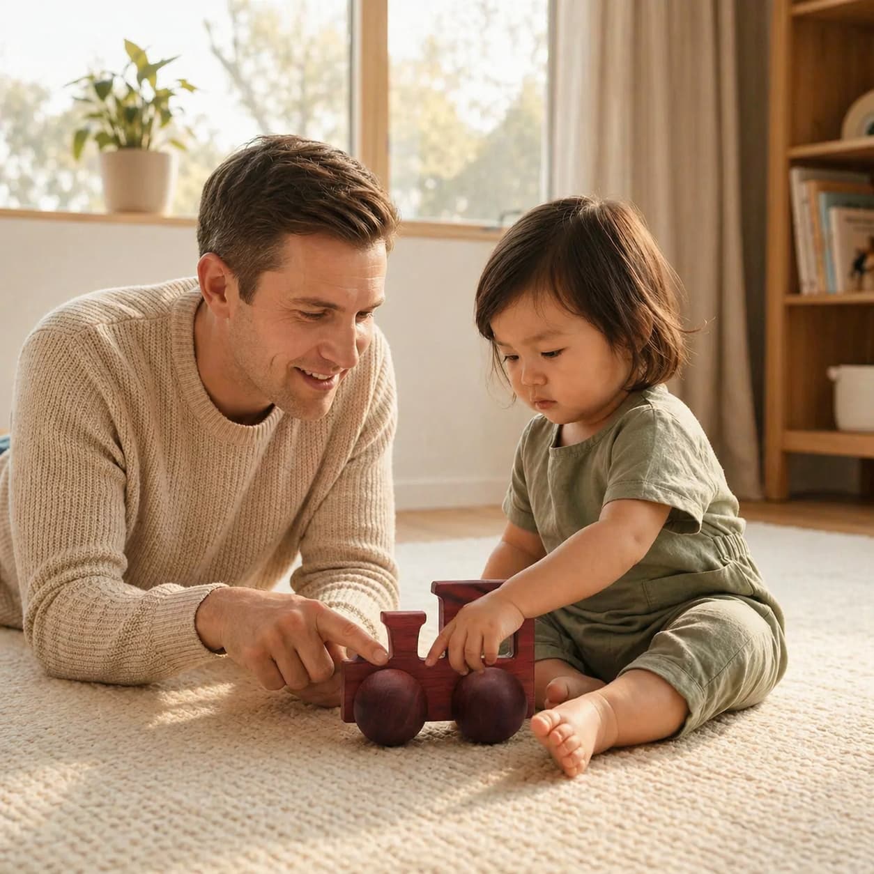 A father and daughter playing together with a handcrafted walnut wooden train toy on a rug, highlighting meaningful parent-child bonding and Montessori-inspired fine motor skill development.