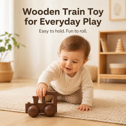 A baby boy playing with a dark walnut wooden train toy on a rug, showcasing the easy-to-grip design perfect for fine motor skill development and Montessori-inspired play.