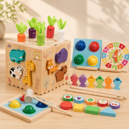 A 7-in-1 Montessori wooden activity cube featuring a carrot harvest game, magnetic fishing, animal shape sorting, and a learning clock, designed to develop fine motor skills and sensory exploration in toddlers.