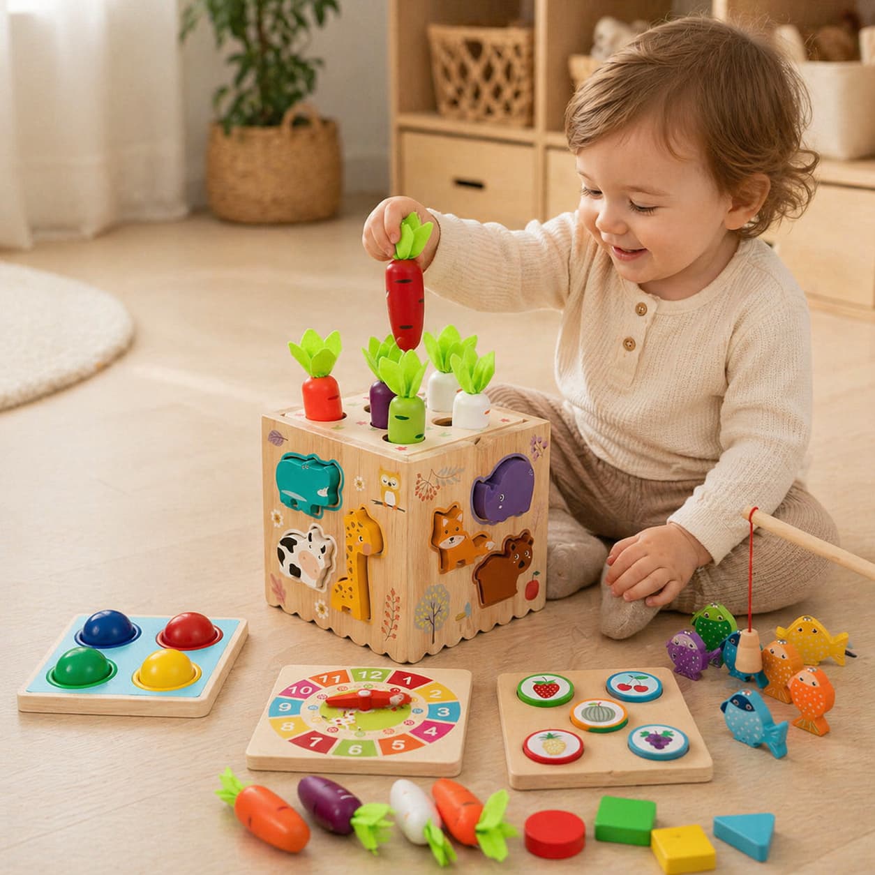 A toddler boy playing with a multi-functional Montessori wooden activity cube, pulling a wooden carrot to develop fine motor skills alongside magnetic fishing, animal shape sorting, and educational clock features.