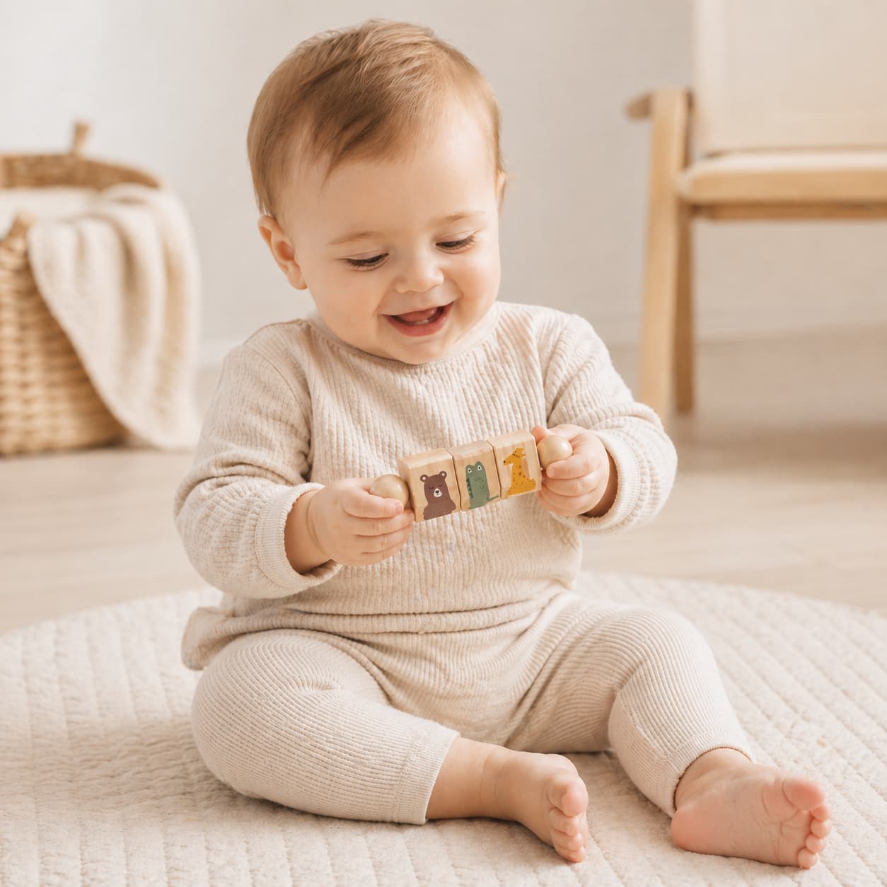 A baby boy sitting on a rug playing with a Montessori wooden animal rattle toy, featuring illustrated animal blocks to support infant sensory play and fine motor skill development.
