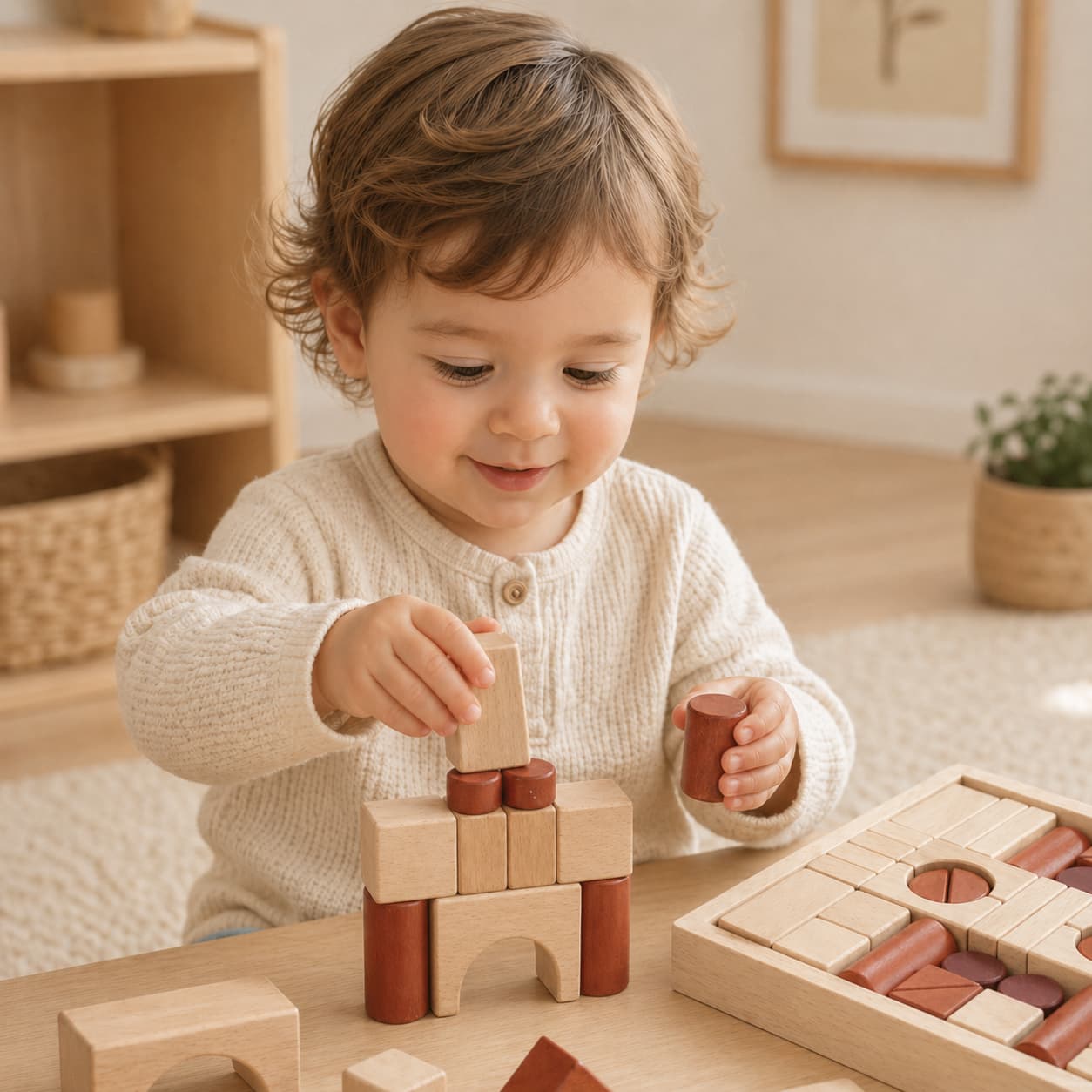A toddler boy building with a set of Montessori natural and walnut wooden blocks, encouraging creative open-ended play and fine motor skill development.