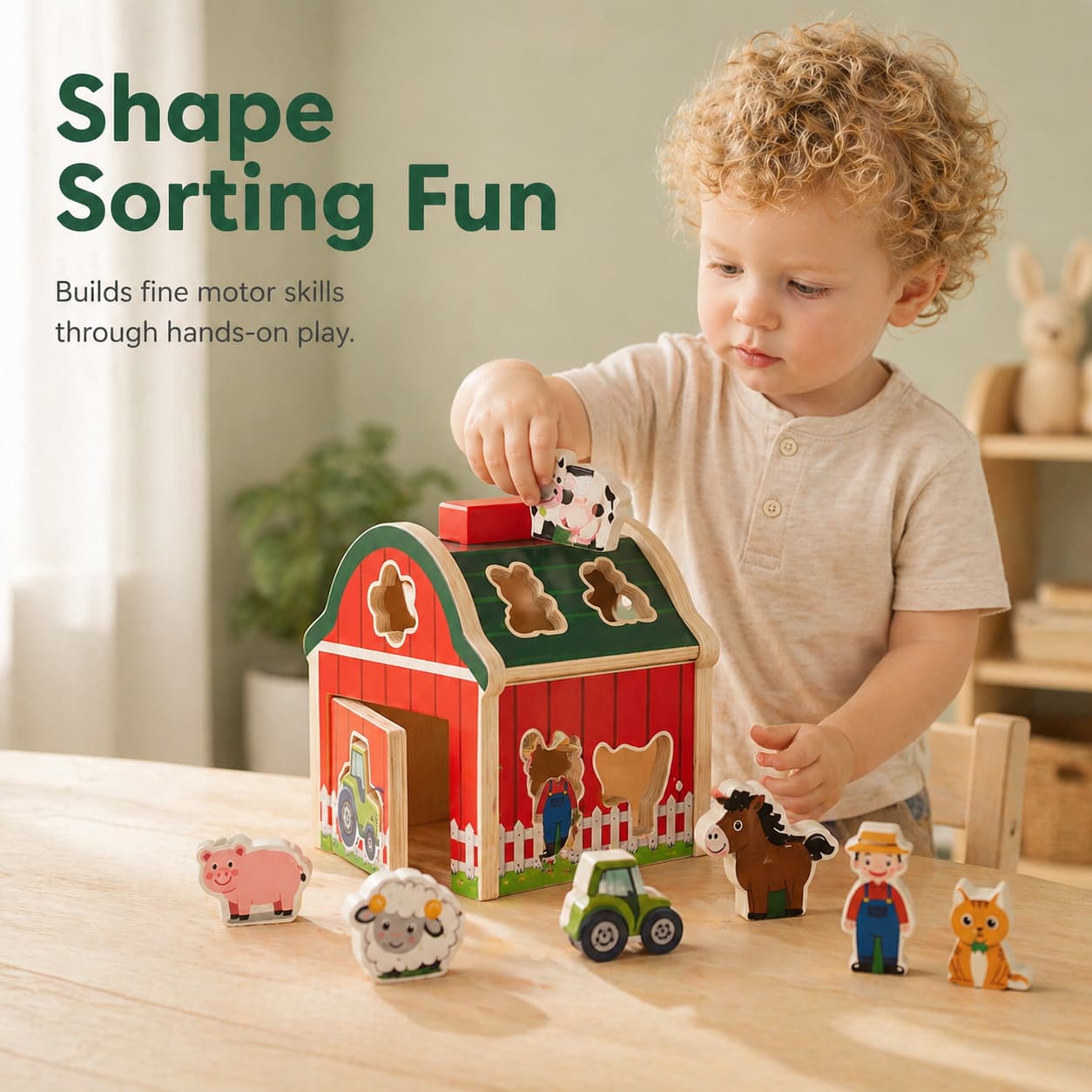 A toddler boy engaged in shape sorting fun with a red wooden farm barn toy, featuring wooden animal figures to build fine motor skills and hand-eye coordination through hands-on Montessori play.