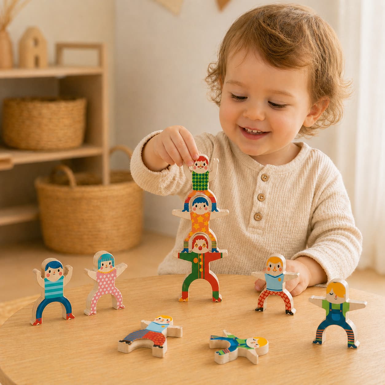 A smiling toddler boy stacking colorful Hercules Club wooden balancing blocks on a wooden table, an educational Montessori toy designed to improve hand-eye coordination and fine motor skills.