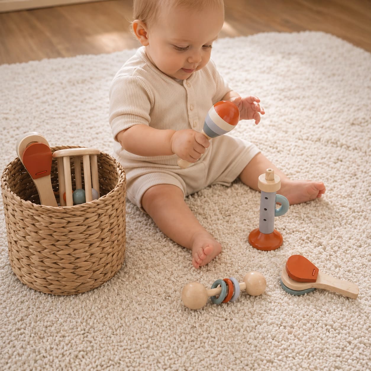 A toddler exploring a set of Montessori wooden musical instruments on a cozy rug, featuring a maraca and rattle to support sensory development, rhythm recognition, and fine motor skills.
