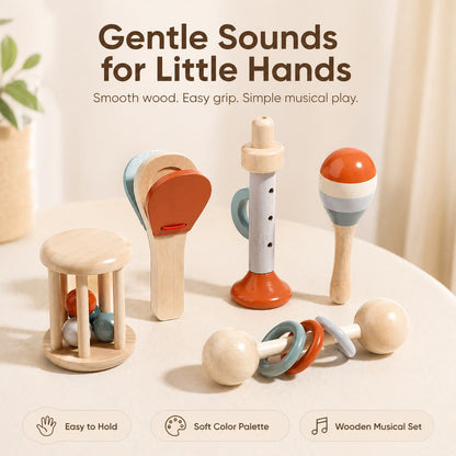 An infographic of a 5-piece Montessori wooden musical instrument set for babies, highlighting an easy-to-hold design and soft color palette for auditory development, sensory play, and fine motor skills.