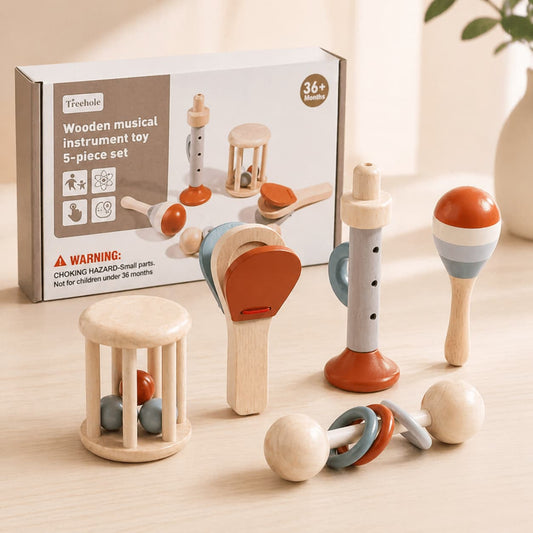 A 5-piece Montessori wooden musical instrument toy set for toddlers, including maracas, a recorder, and rhythm rattles, designed to foster sensory exploration, coordination, and early musical development.