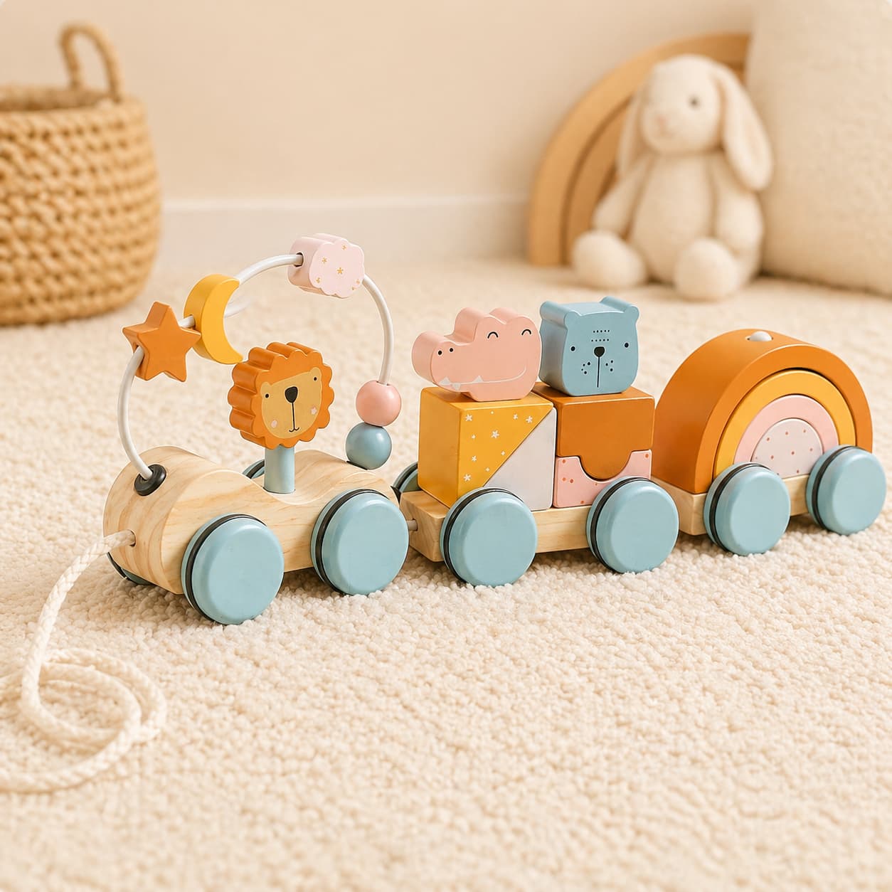A high-quality Montessori wooden pull-along animal train toy featuring a built-in bead maze, animal stacking blocks (lion, bear, crocodile), and a rainbow stacker, designed to enhance toddler fine motor skills and sensory play.