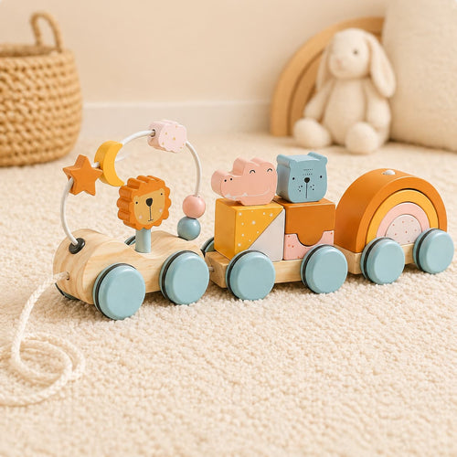 A high-quality Montessori wooden pull-along animal train toy featuring a built-in bead maze, animal stacking blocks (lion, bear, crocodile), and a rainbow stacker, designed to enhance toddler fine motor skills and sensory play.
