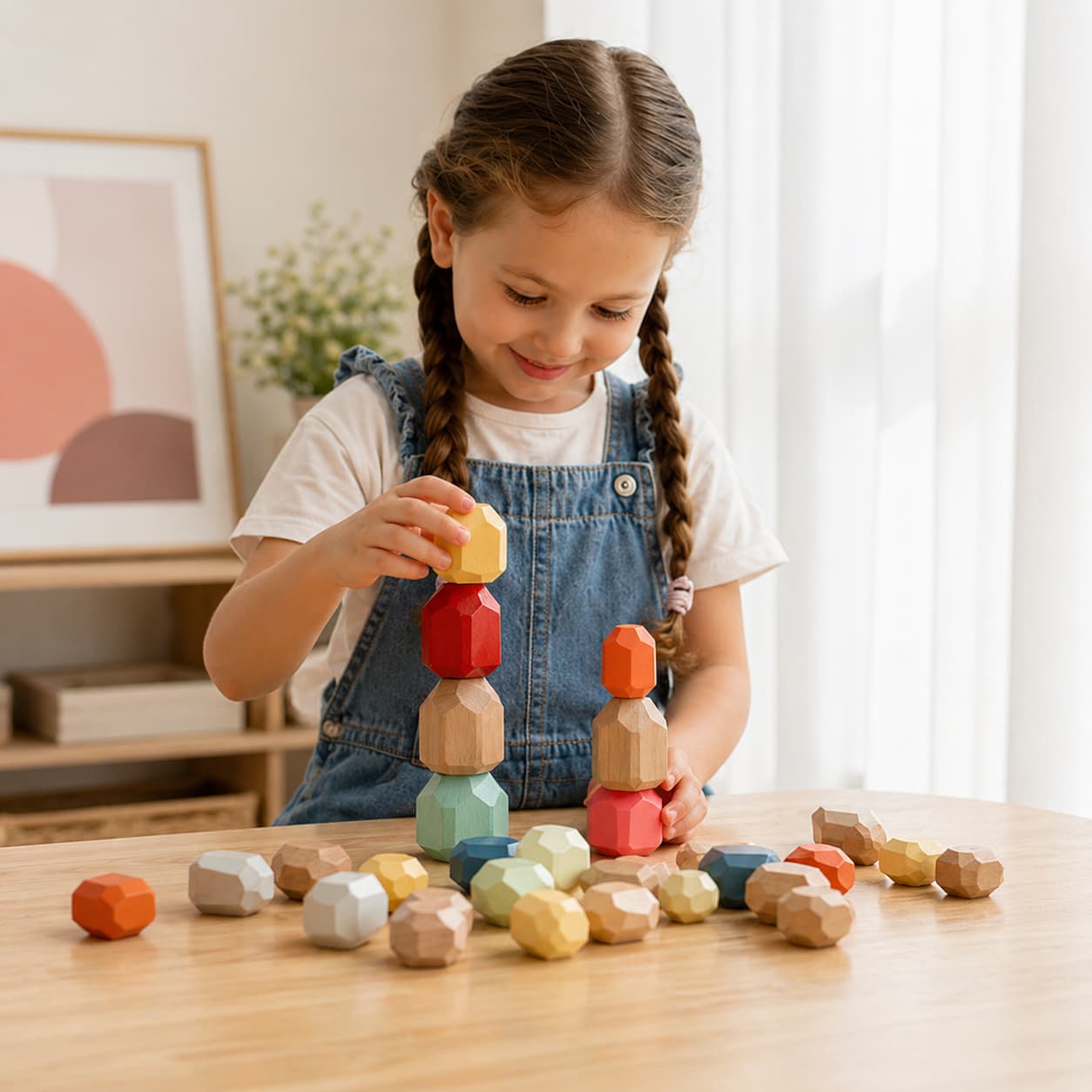 A young girl playing with a set of colorful Montessori wooden stacking stones and balancing rocks, a natural educational toy designed to develop fine motor skills and concentration through creative stacking play.