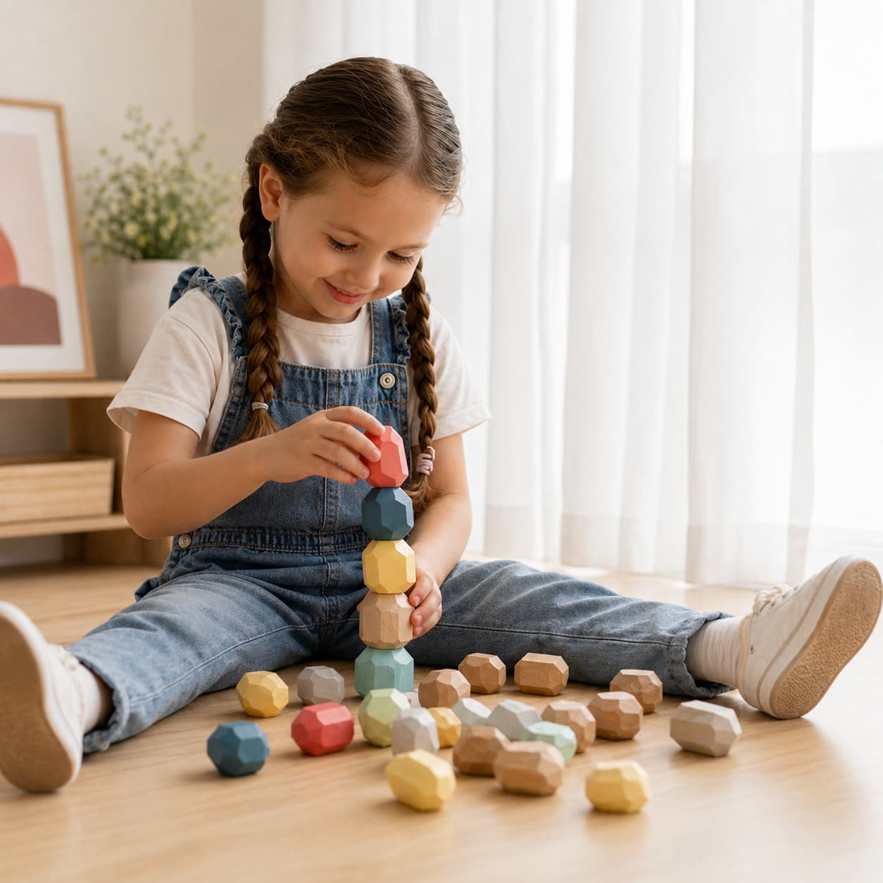A young girl sitting on a wooden floor playing with Montessori wooden stacking stones and balancing rocks, a natural educational toy designed to develop fine motor skills, focus, and creative problem-solving.