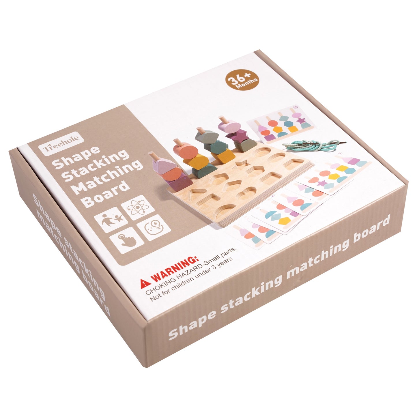 Shape stacking matching board packaging on a white background