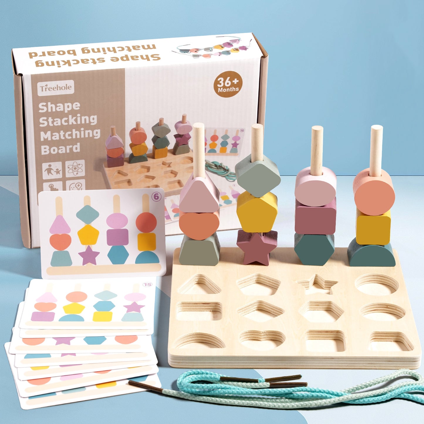 Wooden shape stacking matching board with colorful shapes and packaging on a blue background