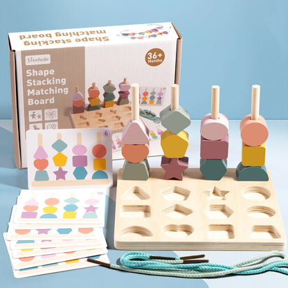 Wooden shape stacking matching board with colorful shapes and packaging on a blue background