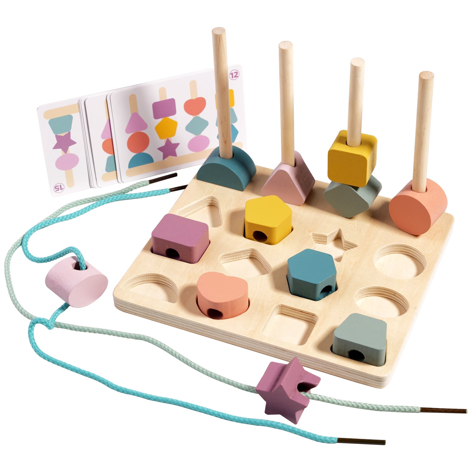 Wooden shape sorting toy with colorful blocks and a rope, on a white background