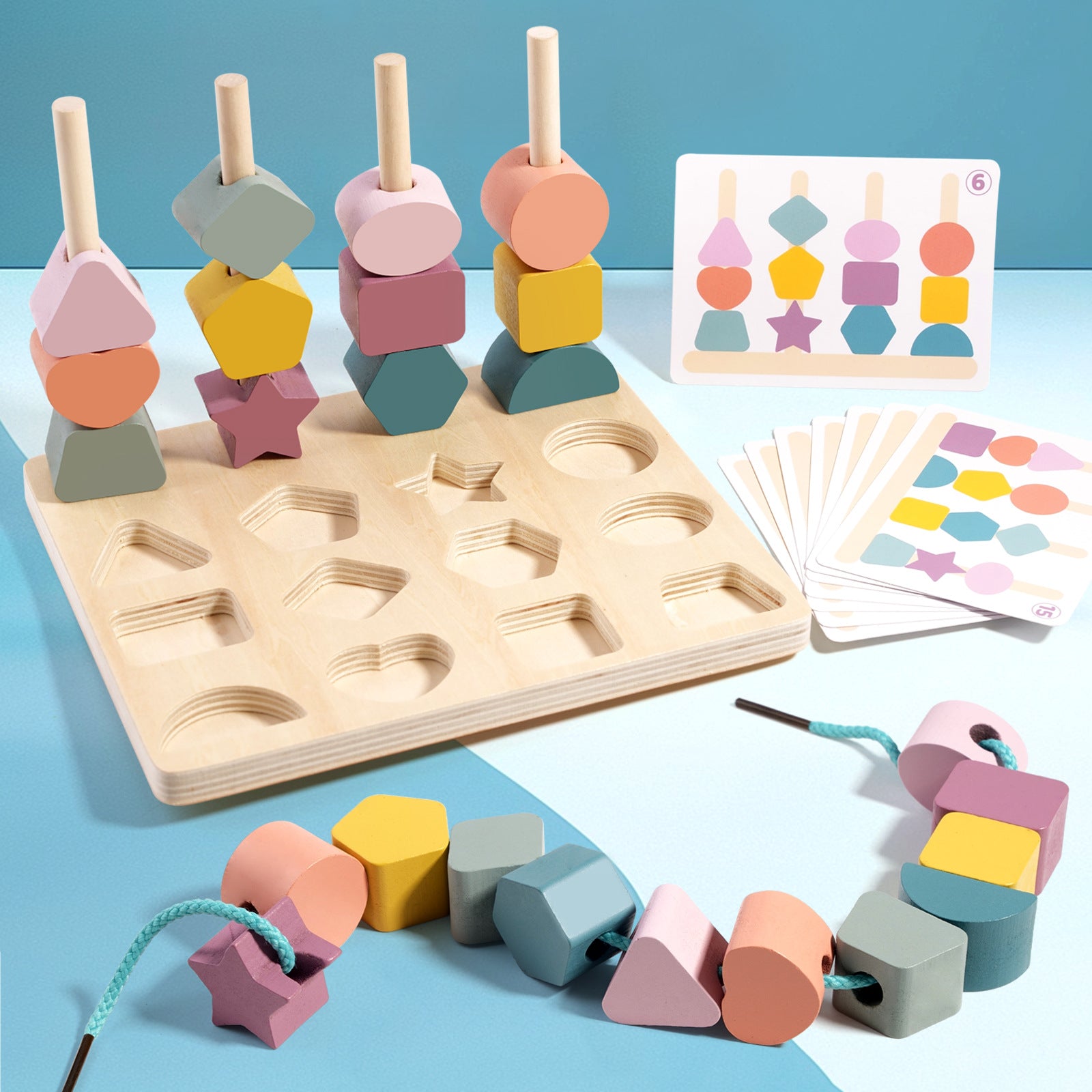 Wooden shape sorting toy with colorful blocks and a shape sorting chart on a blue background