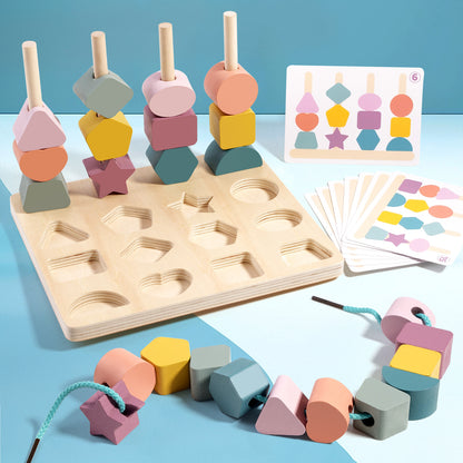 Wooden shape sorting toy with colorful blocks and a shape sorting chart on a blue background