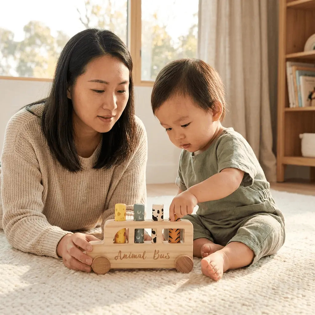 mother and baby playing with wooden pop-up animal bus toy together