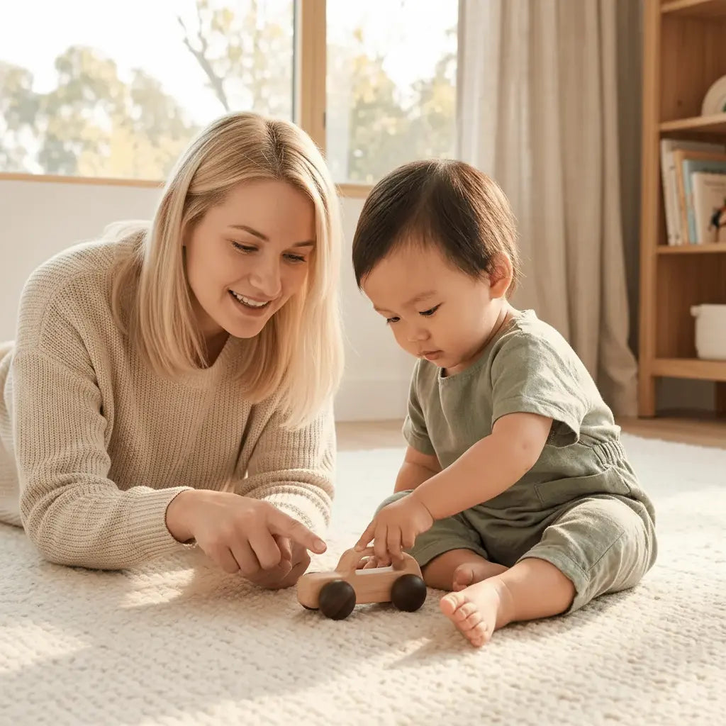 Woman and child playing with wooden toys on a carpeted floor.