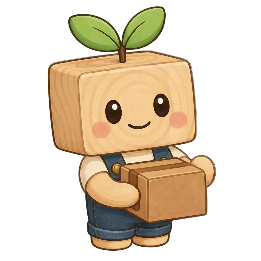 MUMU, the Wooden Toy Story mascot, carrying a package to show free worldwide shipping on wooden toy orders over $80.