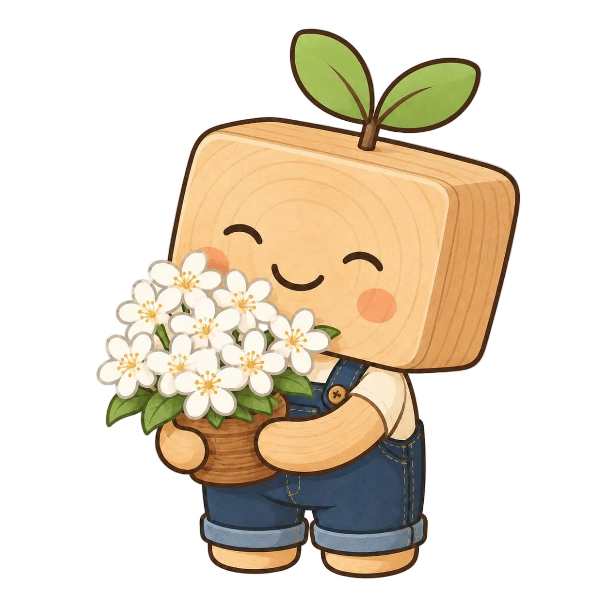 MUMU holding flowers for Wooden Toy Story’s happiness guarantee and 30-day replacement or refund promise.