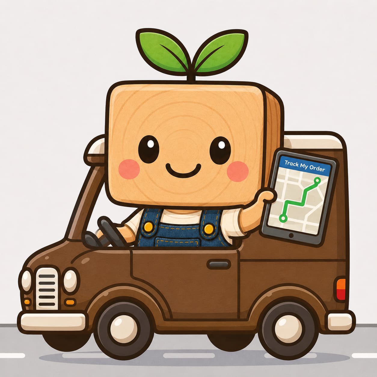 MUMU, the Wooden Toy Story mascot, helping customers track their wooden toy order with a delivery map.