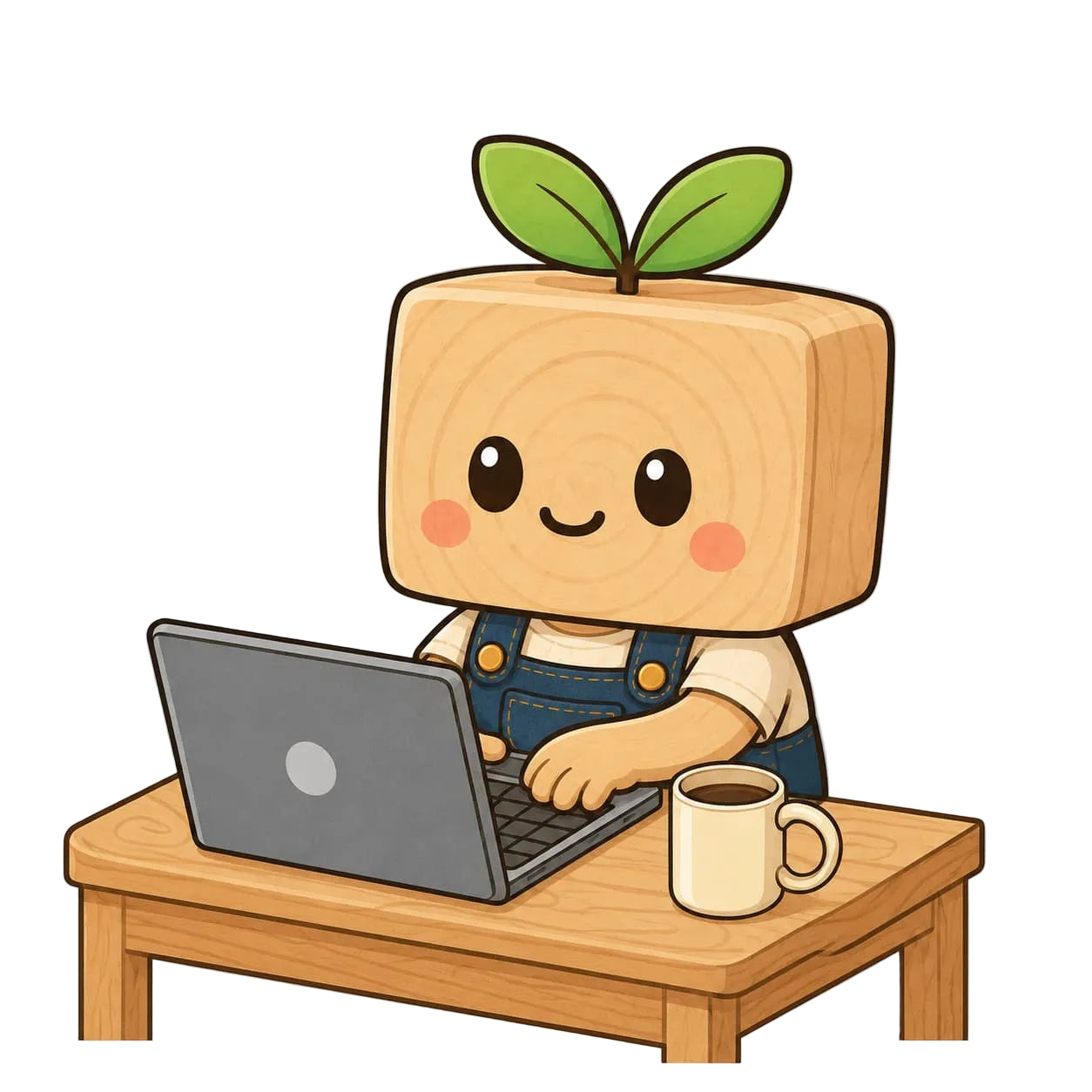 MUMU, the Wooden Toy Story mascot, providing friendly wooden toy customer support and FAQ help from a cozy desk.