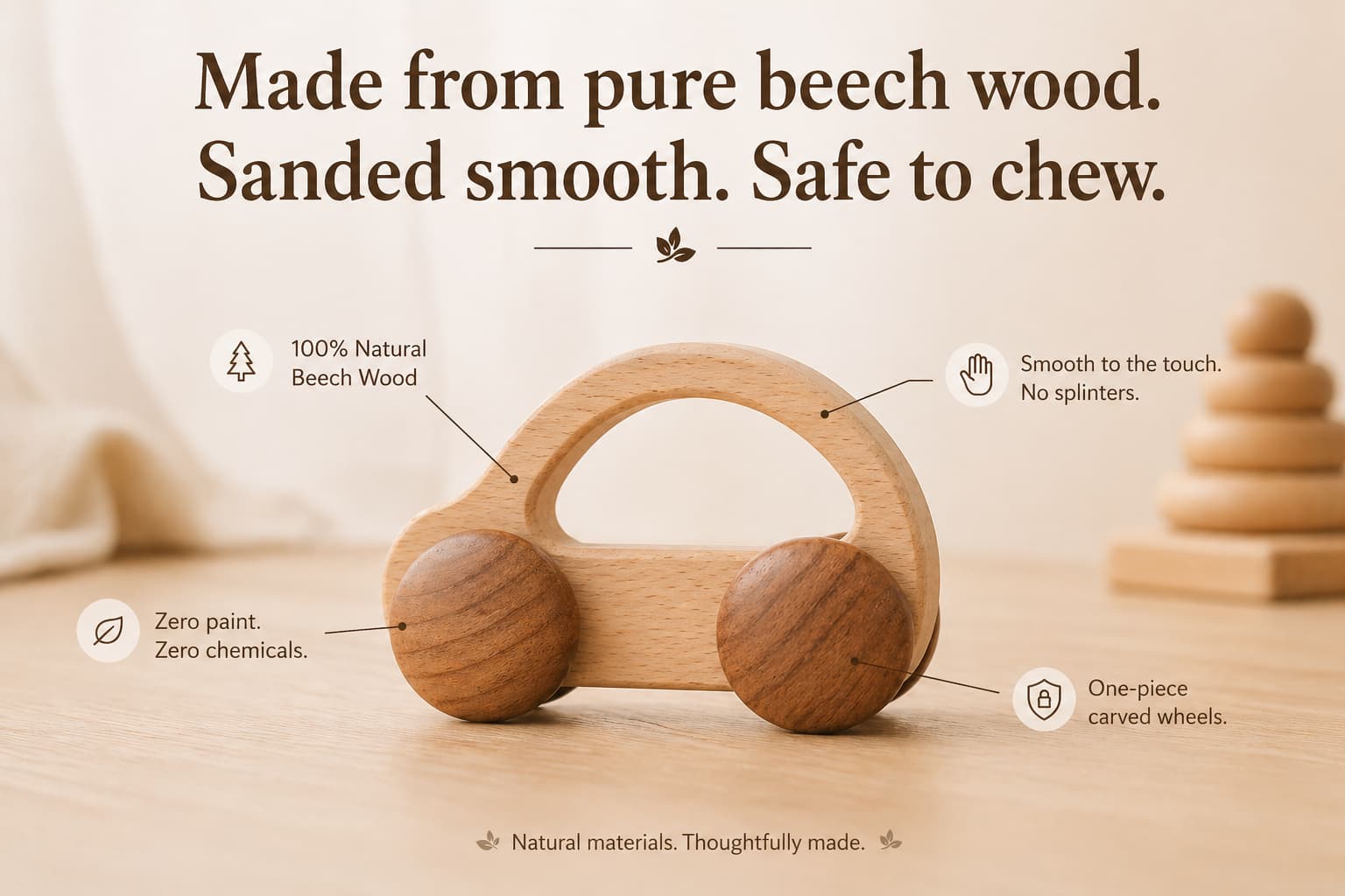 Close-up of natural beech wood push car toy showing smooth sanded finish, zero paint, no chemicals, and one-piece carved wheels. Safe to chew for teething babies