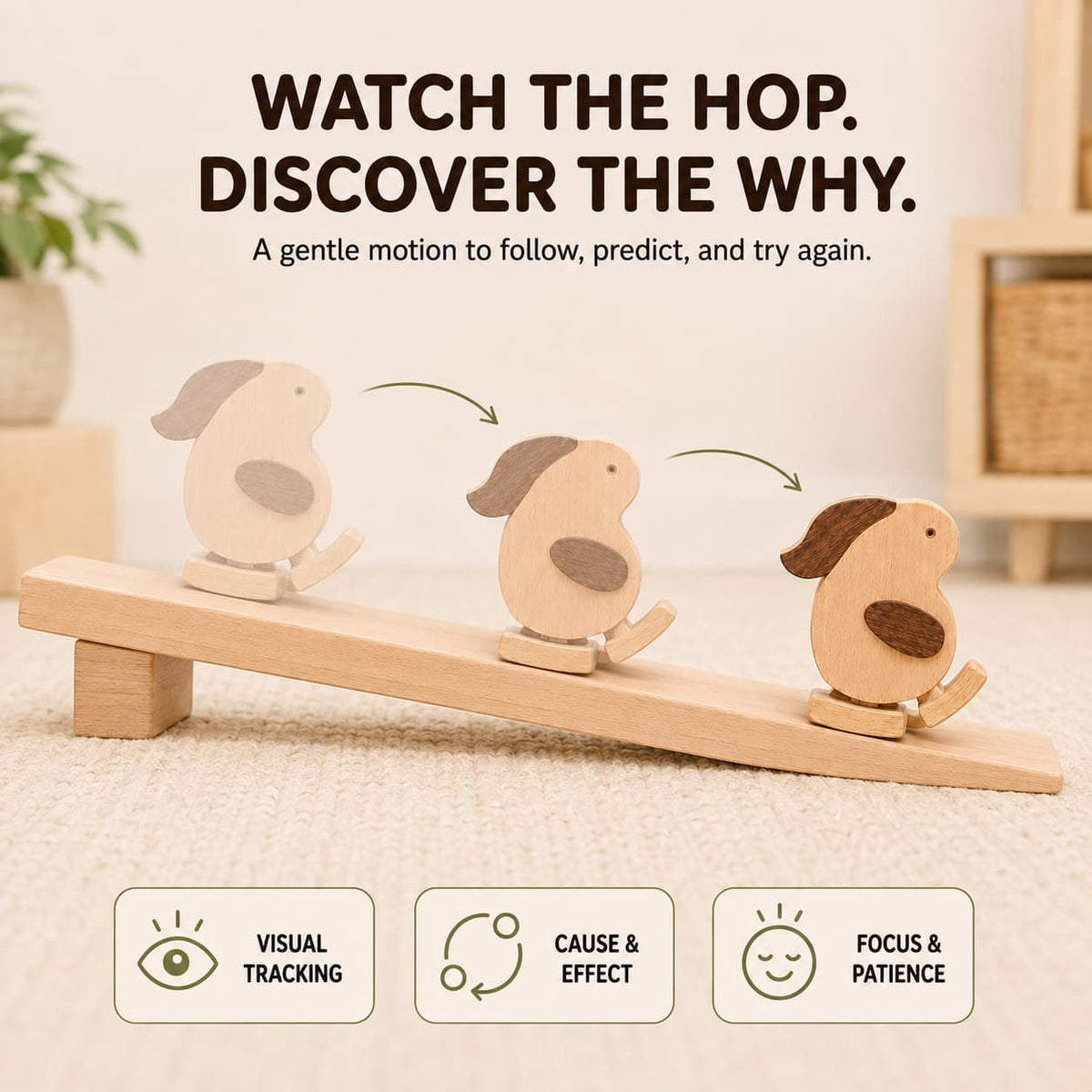 Close-up of a natural two-tone wooden rabbit ramp walker toy featuring smooth rounded edges and a battery-free, gravity-powered design.