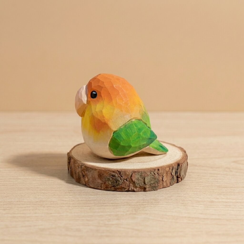 Rear view orange wooden lovebird with vibrant green wings, handcrafted geometric bird toy natural wood finish sustainable wooden animal figurine for imaginative play
