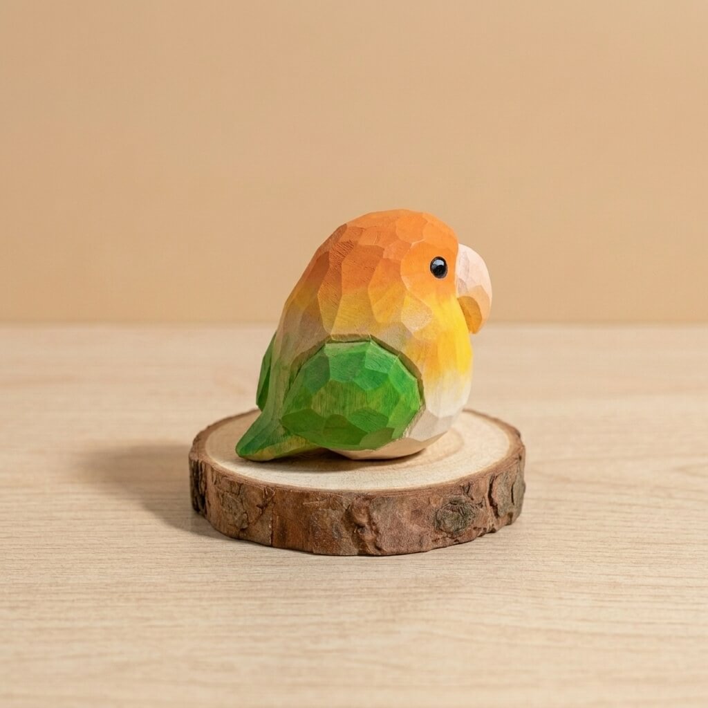 Orange and yellow wooden lovebird toy with green wings, handpainted geometric bird figurine natural wood craft sustainable Montessori toy for children