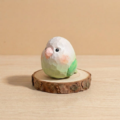 Pastel white and light green wooden bird toy with pink beak, handcrafted geometric lovebird figurine eco-friendly natural wood animal toy for kids