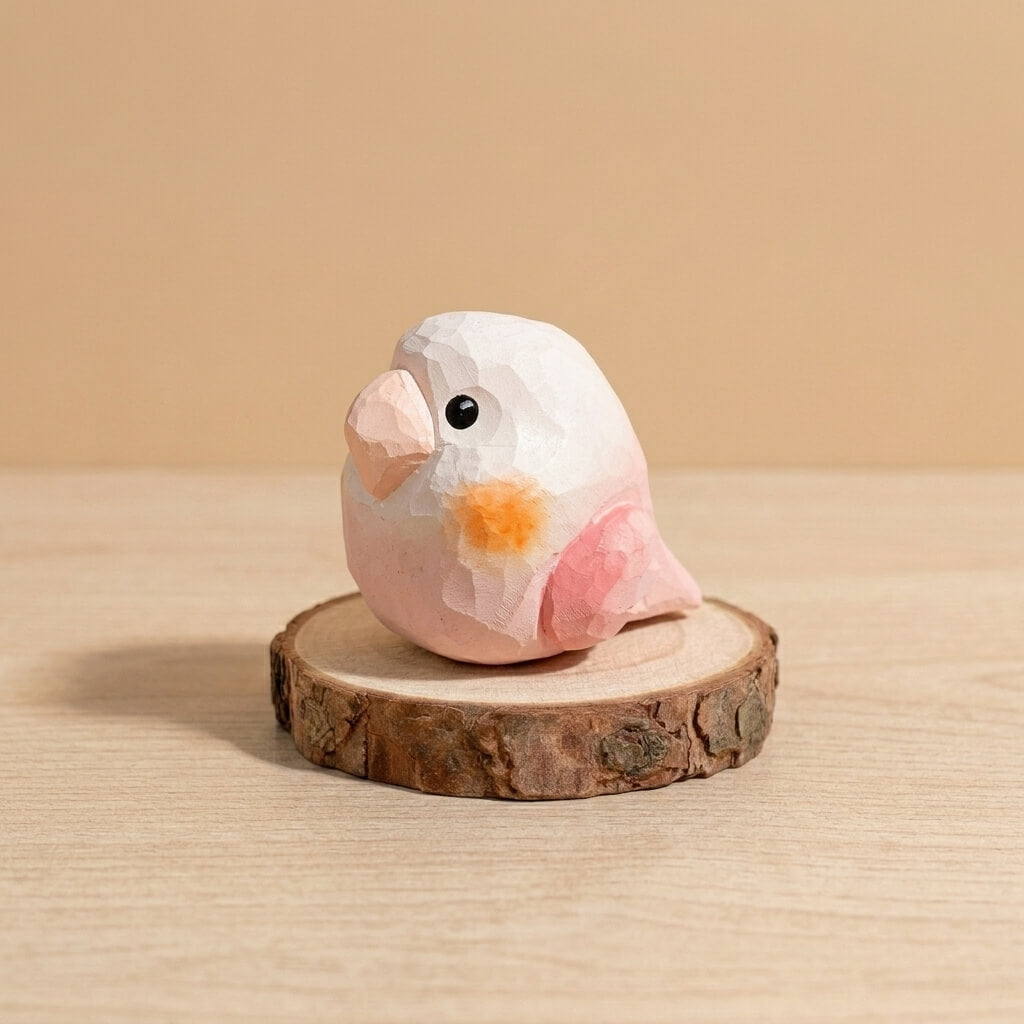 Handcrafted pink and white wooden lovebird toy with orange cheek, geometric low-poly bird figurine eco-friendly natural wood toy for toddlers on rustic wood slice