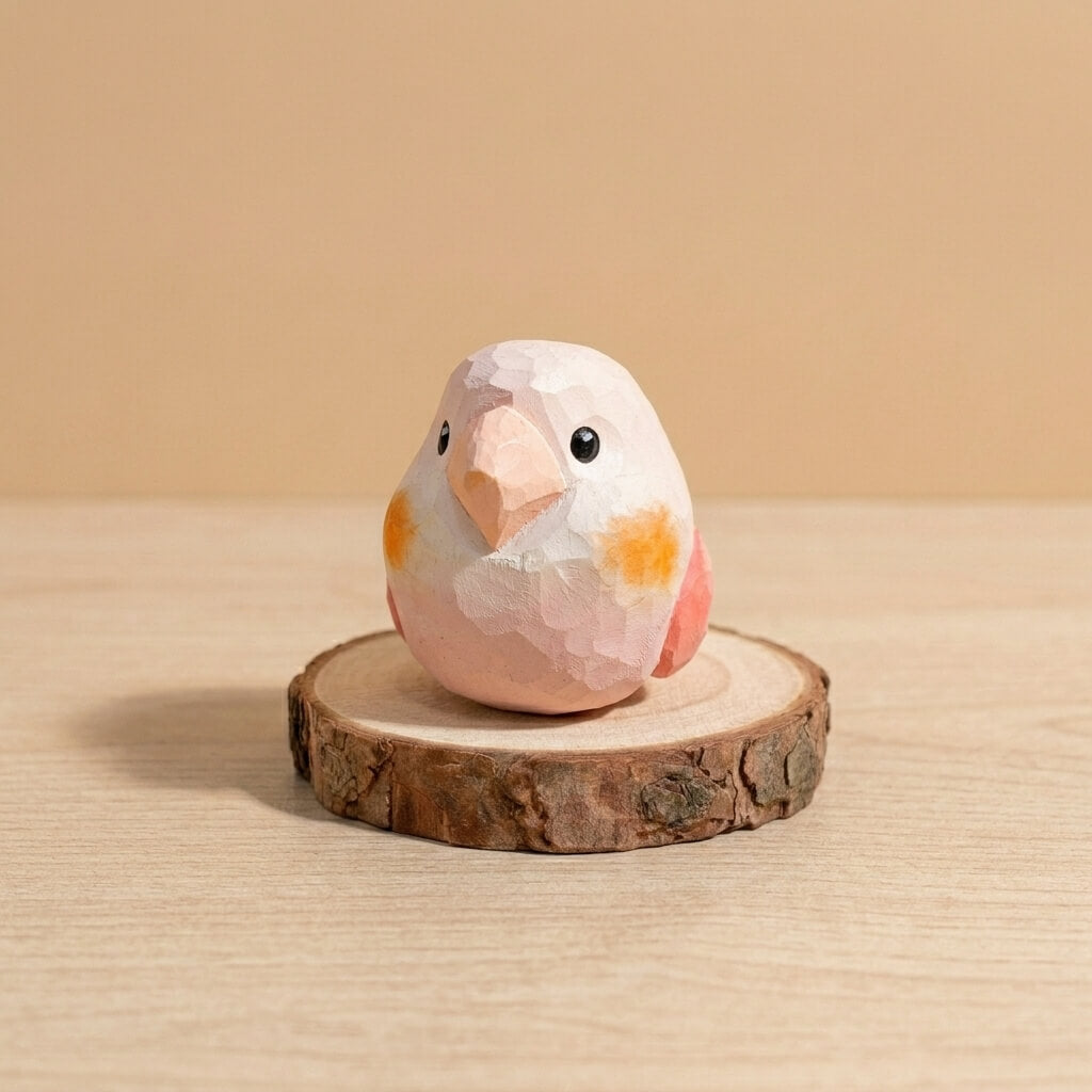 Front view pink and white wooden lovebird toy with orange cheeks, handcrafted geometric bird figurine eco-friendly natural wood toy safe for toddlers on wood slice