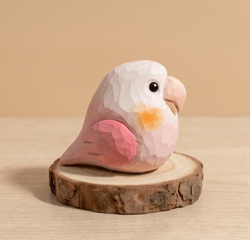 Side profile pink wooden lovebird toy with orange cheek detail, faceted low-poly design handpainted wooden bird figurine eco-friendly toddler toy gift