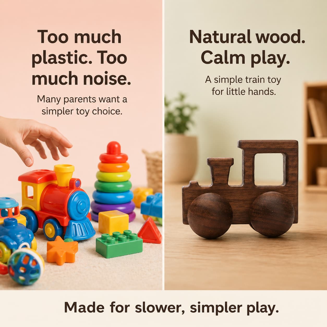 A comparison between noisy colorful plastic toys and a minimalist walnut wooden train, emphasizing the switch to plastic-free natural materials for calm Montessori play and infant fine motor skill development.