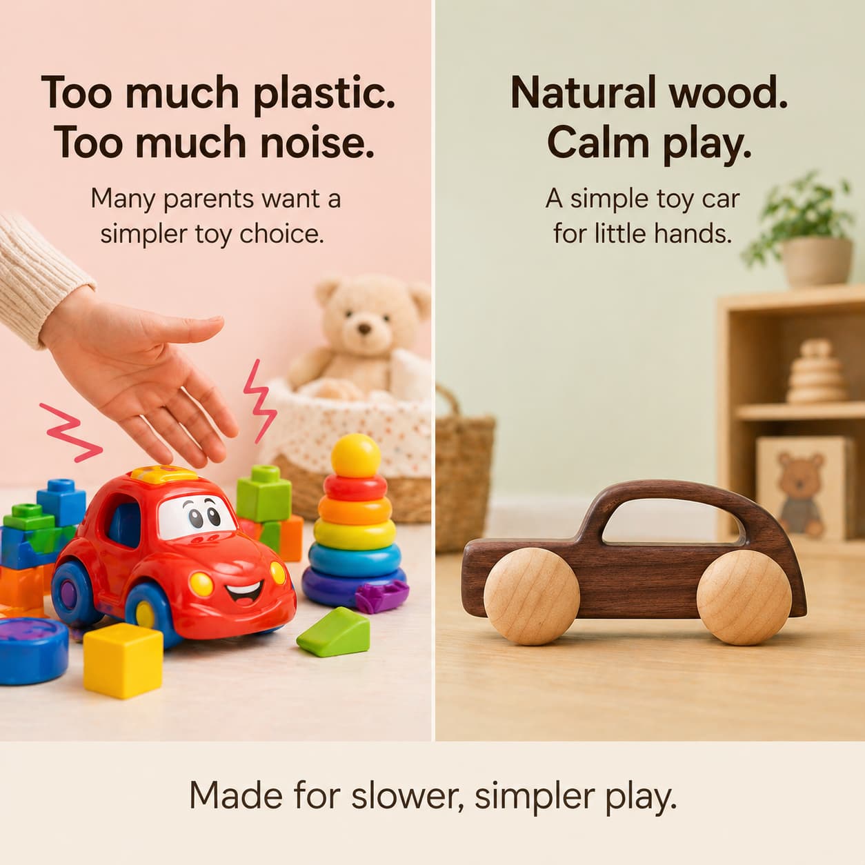 A side-by-side comparison of noisy colorful plastic toys and a minimalist natural walnut wood car, highlighting the benefits of plastic-free and calm play for toddlers.
