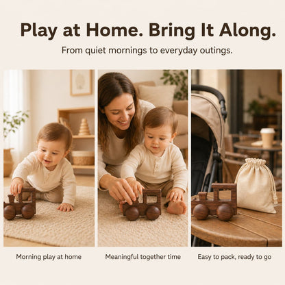 A lifestyle collage of a walnut wooden train toy for home and travel, featuring a portable storage pouch to support Montessori-inspired sensory play and fine motor skill development on the go.