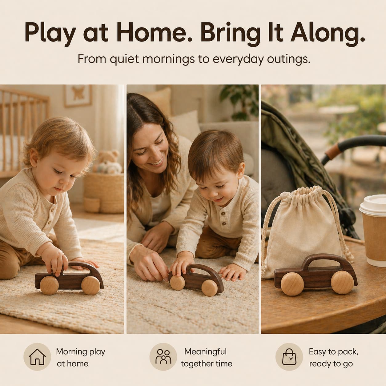 A three-panel lifestyle collage showing a baby boy playing with a walnut wooden toy car at home, a mother and child playing together, and the car next to a travel storage bag, highlighting its portability for outings.