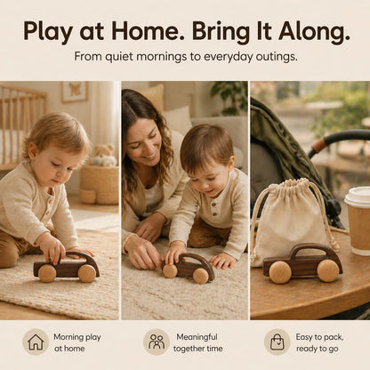A three-panel lifestyle collage showing a baby boy playing with a walnut wooden toy car at home, a mother and child playing together, and the car next to a travel storage bag, highlighting its portability for outings.
