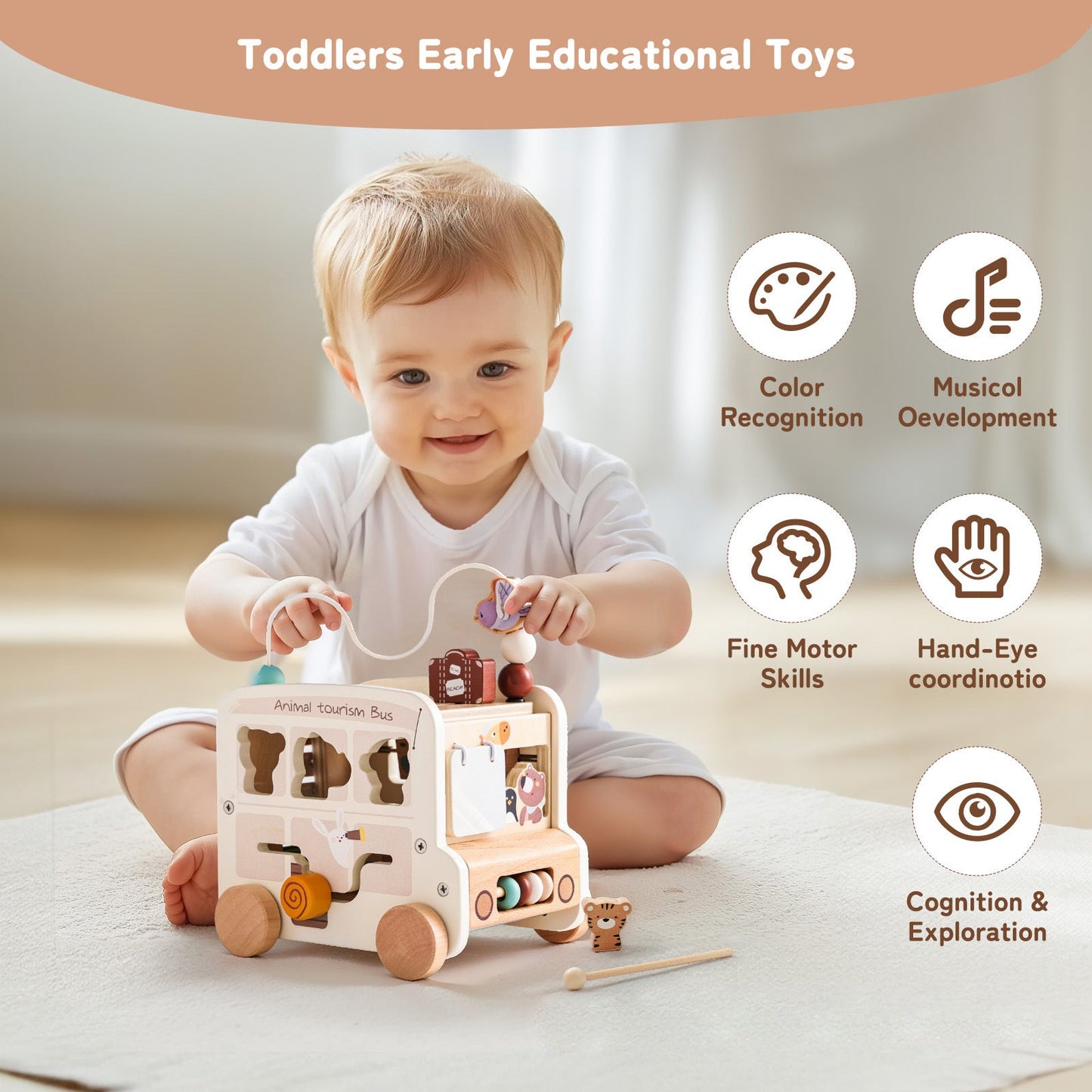 Child playing with a wooden toy, surrounded by icons indicating developmental benefits.