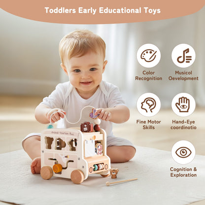 Child playing with a wooden toy, surrounded by icons indicating developmental benefits.